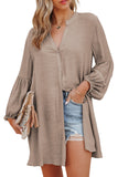 LC2552553-16-S, LC2552553-16-M, LC2552553-16-L, LC2552553-16-XL, LC2552553-16-2XL, Khaki Womens Long Sleeve Oversized Blouses Tops Button Up Bishop Sleeve Shirt