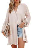 LC2552553-18-S, LC2552553-18-M, LC2552553-18-L, LC2552553-18-XL, LC2552553-18-2XL, Apricot Womens Long Sleeve Oversized Blouses Tops Button Up Bishop Sleeve Shirt