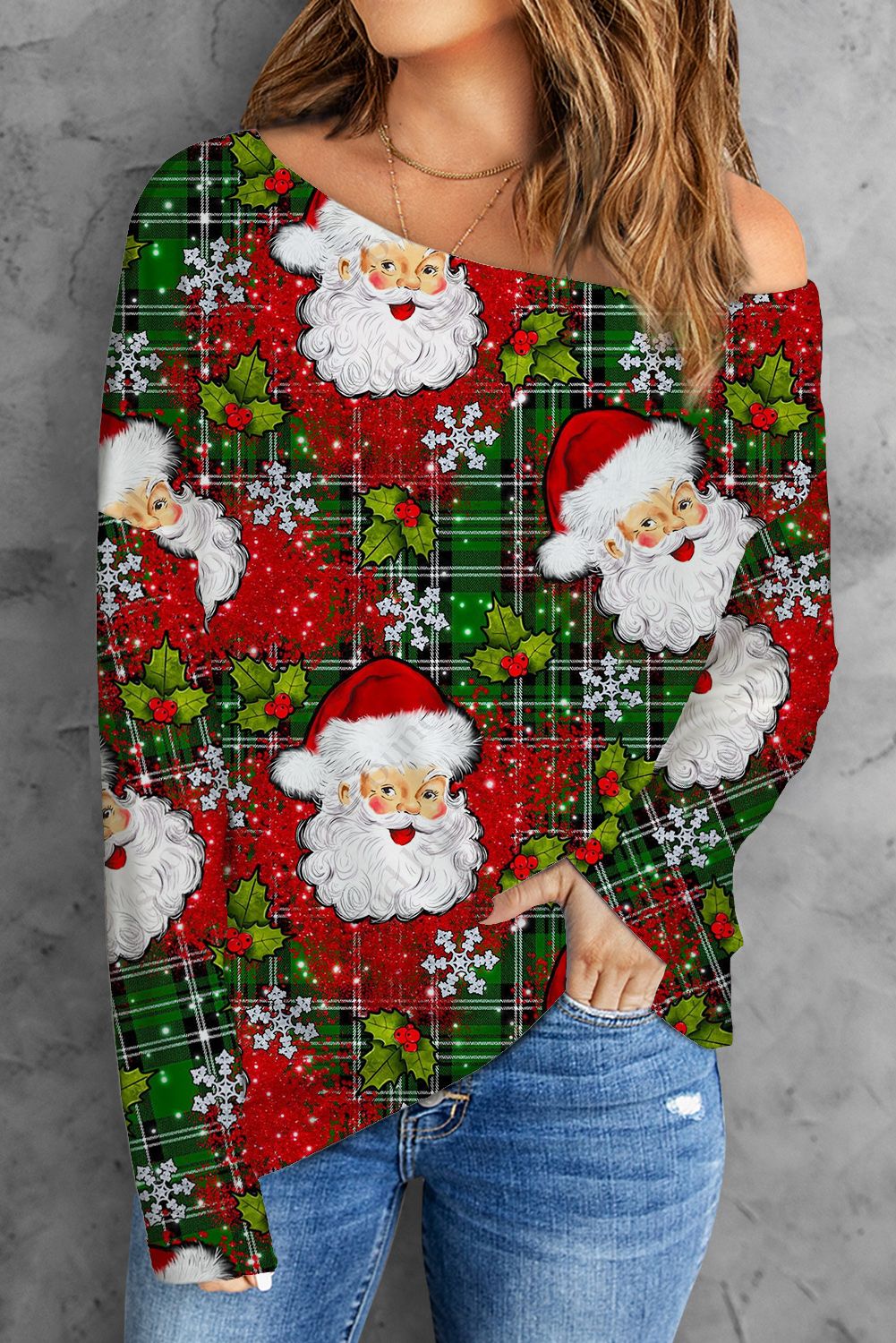 Womens Santa Claus Off Shoulder T-Shirt Long Sleeve Casual Blouse
