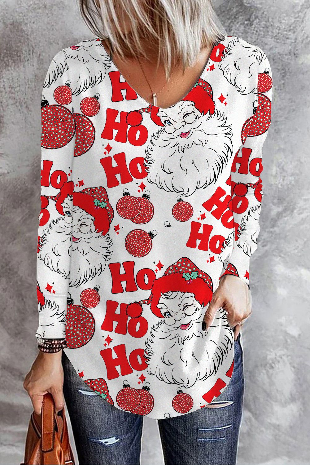 Haut à manches longues de Noël Père Noël HO HO HO T-shirt décontracté à col en V