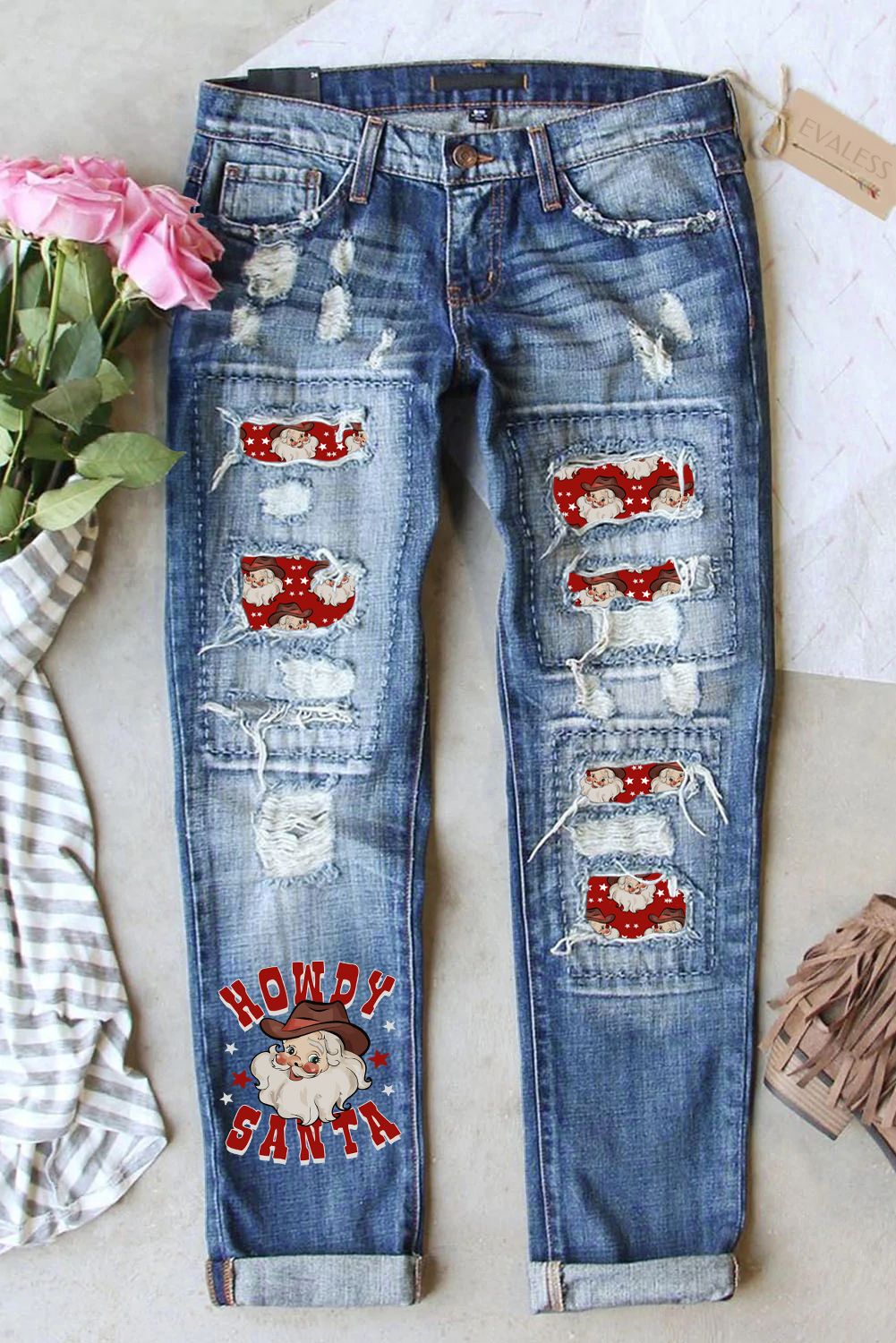 Womens Ripped Christmas Howdy Santa Destroyed Jeans Casual Denim Pants