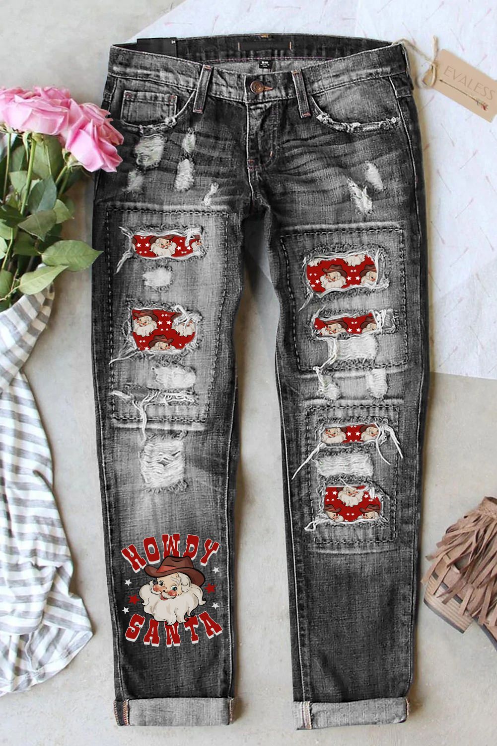 Womens Ripped Christmas Howdy Santa Destroyed Jeans Casual Denim Pants