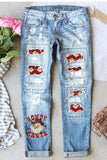 Womens Ripped Christmas Howdy Santa Destroyed Jeans Casual Denim Pants