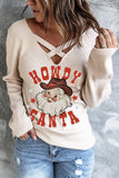 Christmas Howdy Santa Casual Tops V Neck Cut Out T Shirts