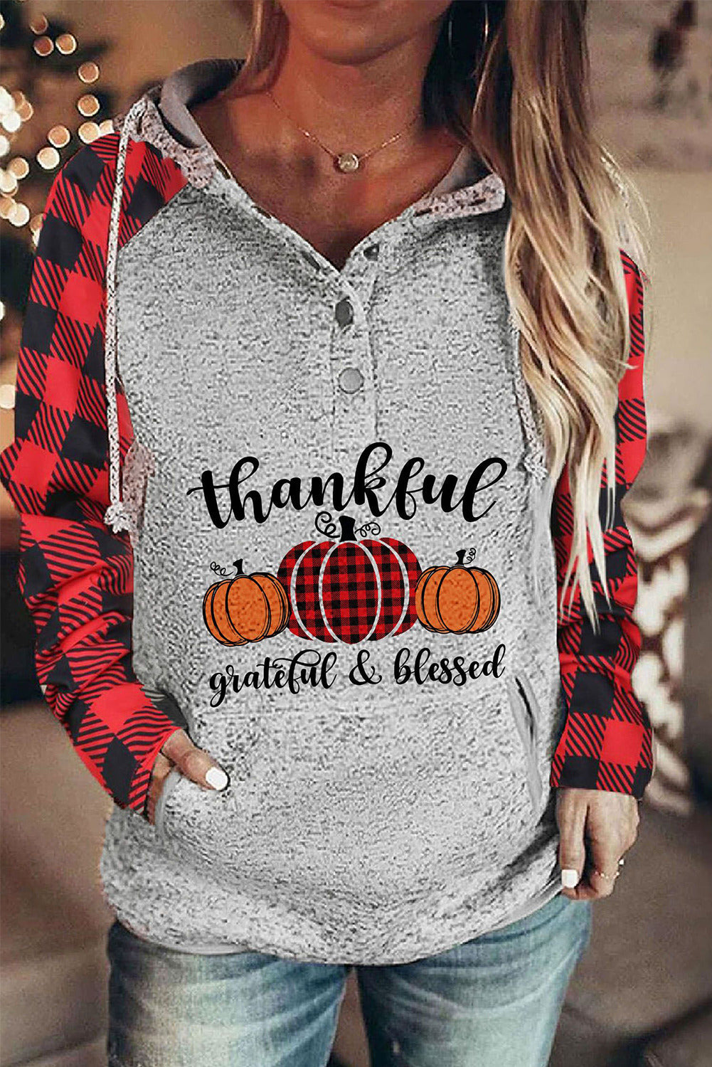 Thanksgiving Pumpkin Plaid Hoodies Hauts d'automne à manches longues