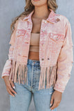 LC8512530-10-S, LC8512530-10-M, LC8512530-10-L, LC8512530-10-XL, LC8512530-10-2XL, Pink Women's Distressed Fringed Cropped Denim Jacket Long Sleeve Trucker Jacket