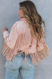 LC8512530-10-S, LC8512530-10-M, LC8512530-10-L, LC8512530-10-XL, LC8512530-10-2XL, Pink Women's Distressed Fringed Cropped Denim Jacket Long Sleeve Trucker Jacket