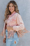 LC8512530-10-S, LC8512530-10-M, LC8512530-10-L, LC8512530-10-XL, LC8512530-10-2XL, Pink Women's Distressed Fringed Cropped Denim Jacket Long Sleeve Trucker Jacket
