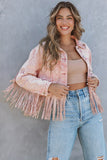 LC8512530-10-S, LC8512530-10-M, LC8512530-10-L, LC8512530-10-XL, LC8512530-10-2XL, Pink Women's Distressed Fringed Cropped Denim Jacket Long Sleeve Trucker Jacket
