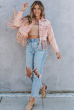 LC8512530-10-S, LC8512530-10-M, LC8512530-10-L, LC8512530-10-XL, LC8512530-10-2XL, Pink Women's Distressed Fringed Cropped Denim Jacket Long Sleeve Trucker Jacket