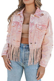 LC8512530-10-S, LC8512530-10-M, LC8512530-10-L, LC8512530-10-XL, LC8512530-10-2XL, Pink Women's Distressed Fringed Cropped Denim Jacket Long Sleeve Trucker Jacket