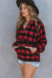 LC25312460-3-S, LC25312460-3-M, LC25312460-3-L, LC25312460-3-XL, LC25312460-3-2XL, Red Women’s Pullover Hoodie Buffalo Plaid Zipped Front Sweatshirt
