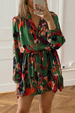 LC6113203-9-S, LC6113203-9-M, LC6113203-9-L, LC6113203-9-XL, Green Women's Abstract Print Ruffled Drawstring High Waist Mini Dress with Belt