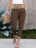 LC77345-1016-S, LC77345-1016-M, LC77345-1016-L, LC77345-1016-XL, Khaki Women's High Waist Joggers Wide Band Sweatpants with Pockets