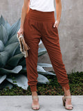 LC77345-1017-S, LC77345-1017-M, LC77345-1017-L, LC77345-1017-XL, Brown Women's High Waist Joggers Wide Band Sweatpants with Pockets
