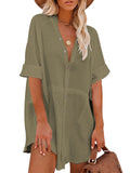 PCD3778-9-S, PCD3778-9-M, PCD3778-9-L, PCD3778-9-XL, Green Women's Swimsuit Cover Up Kimono Cardigan Short Sleeve Button Down Mini Short Blouse Dress