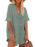 PCD3778-109-S, PCD3778-109-M, PCD3778-109-L, PCD3778-109-XL, Blue-green Women's Swimsuit Cover Up Kimono Cardigan Short Sleeve Button Down Mini Short Blouse Dress