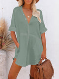 PCD3778-109-S, PCD3778-109-M, PCD3778-109-L, PCD3778-109-XL, Blue-green Women's Swimsuit Cover Up Kimono Cardigan Short Sleeve Button Down Mini Short Blouse Dress