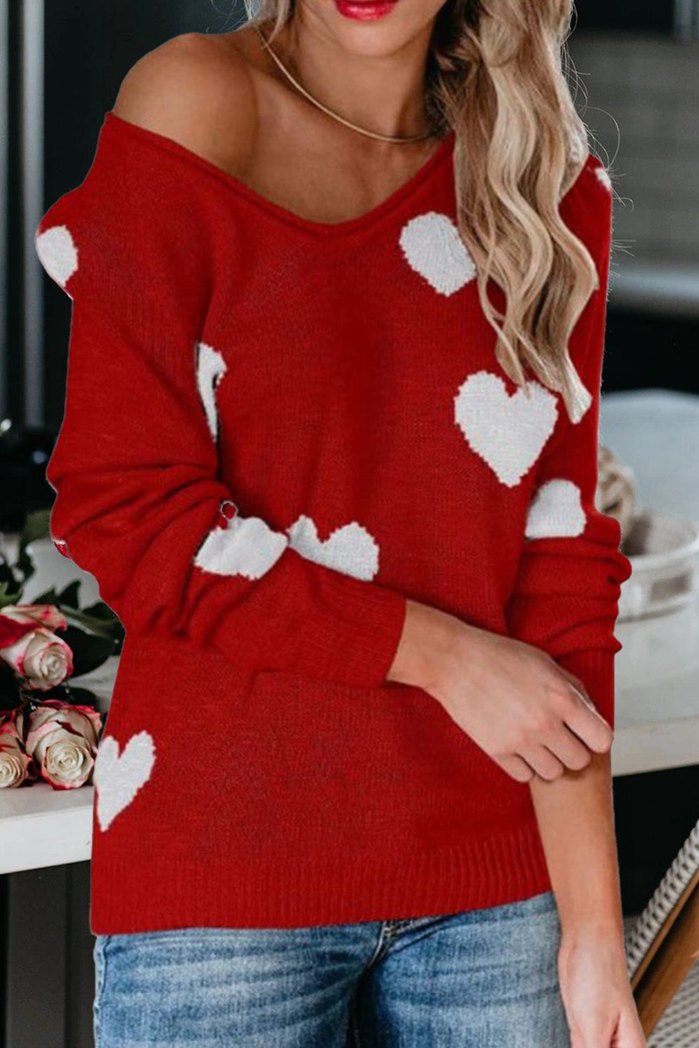 LC2722797-3-S, LC2722797-3-M, LC2722797-3-L, LC2722797-3-XL, Red Women Valentine Heart Sweater V Neck Knit Pullover Sweater