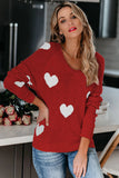 LC2722797-3-S, LC2722797-3-M, LC2722797-3-L, LC2722797-3-XL, Red Women Valentine Heart Sweater V Neck Knit Pullover Sweater