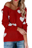 LC2722797-3-S, LC2722797-3-M, LC2722797-3-L, LC2722797-3-XL, Red Women Valentine Heart Sweater V Neck Knit Pullover Sweater