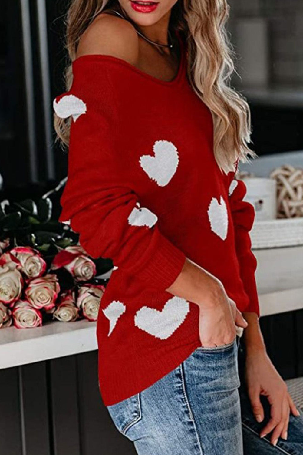 LC2722797-3-S, LC2722797-3-M, LC2722797-3-L, LC2722797-3-XL, Red Women Valentine Heart Sweater V Neck Knit Pullover Sweater