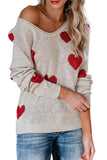 LC2722797-15-S, LC2722797-15-M, LC2722797-15-L, LC2722797-15-XL, Beige Women Valentine Heart Sweater V Neck Knit Pullover Sweater