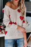 LC2722797-15-S, LC2722797-15-M, LC2722797-15-L, LC2722797-15-XL, Beige Women Valentine Heart Sweater V Neck Knit Pullover Sweater