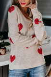 LC2722797-15-S, LC2722797-15-M, LC2722797-15-L, LC2722797-15-XL, Beige Women Valentine Heart Sweater V Neck Knit Pullover Sweater