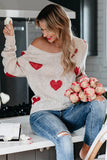 LC2722797-15-S, LC2722797-15-M, LC2722797-15-L, LC2722797-15-XL, Beige Women Valentine Heart Sweater V Neck Knit Pullover Sweater