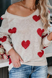 LC2722797-15-S, LC2722797-15-M, LC2722797-15-L, LC2722797-15-XL, Beige Women Valentine Heart Sweater V Neck Knit Pullover Sweater