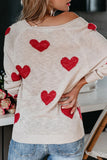 LC2722797-15-S, LC2722797-15-M, LC2722797-15-L, LC2722797-15-XL, Beige Women Valentine Heart Sweater V Neck Knit Pullover Sweater