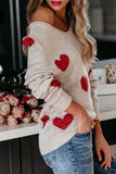 LC2722797-15-S, LC2722797-15-M, LC2722797-15-L, LC2722797-15-XL, Beige Women Valentine Heart Sweater V Neck Knit Pullover Sweater
