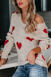 LC2722797-15-S, LC2722797-15-M, LC2722797-15-L, LC2722797-15-XL, Beige Women Valentine Heart Sweater V Neck Knit Pullover Sweater