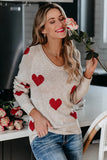 LC2722797-15-S, LC2722797-15-M, LC2722797-15-L, LC2722797-15-XL, Beige Women Valentine Heart Sweater V Neck Knit Pullover Sweater