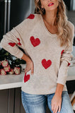 LC2722797-15-S, LC2722797-15-M, LC2722797-15-L, LC2722797-15-XL, Beige Women Valentine Heart Sweater V Neck Knit Pullover Sweater