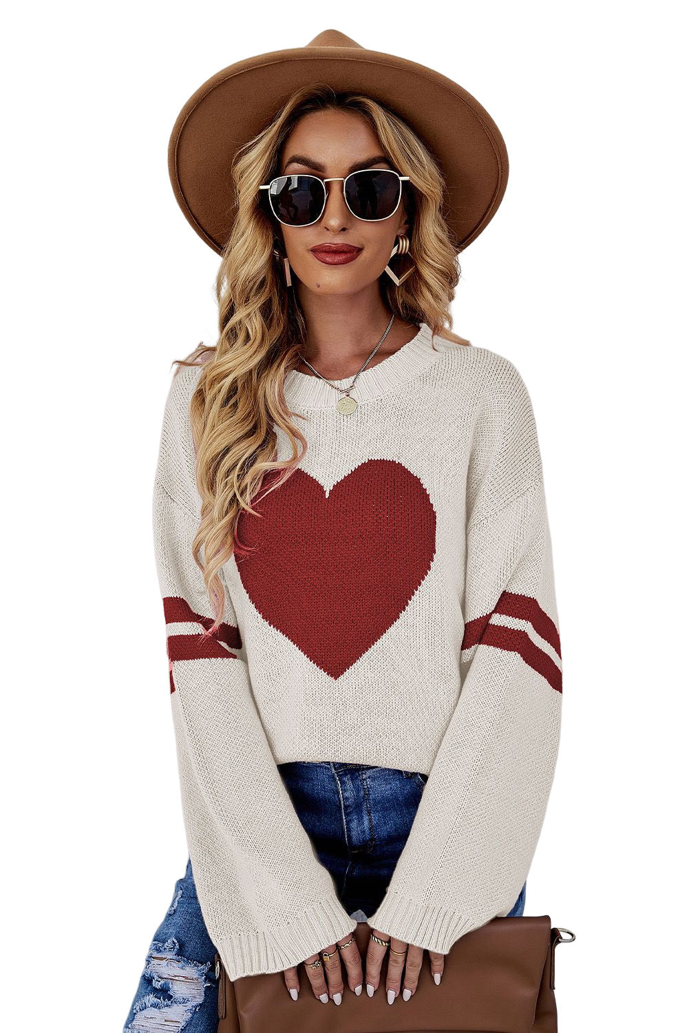 LC2722799-15-S, LC2722799-15-M, LC2722799-15-L, LC2722799-15-XL, Beige Valentine's Day Tops for Women Heart Graphic Wide Sleeves Sweater
