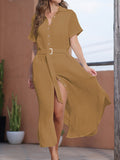 LC618591-1016-S, LC618591-1016-M, LC618591-1016-L, LC618591-1016-XL, Khaki Women's Cover Up Short Sleeve Button Down Summer Beach Maxi Dress