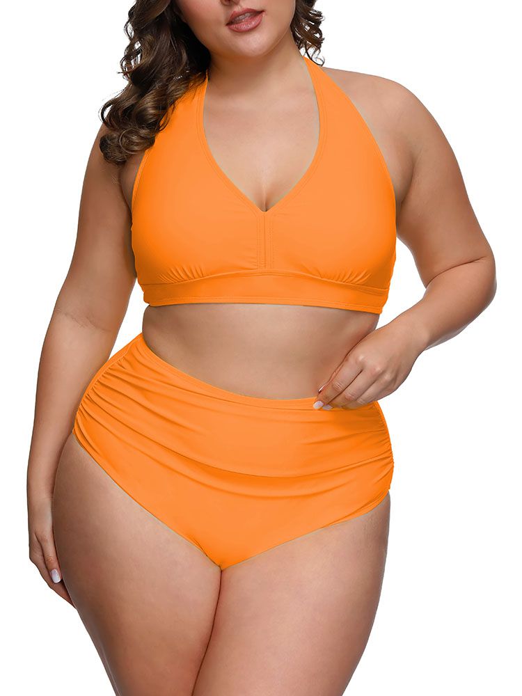 PSW7827-14-2XL, PSW7827-14-3XL, PSW7827-14-4XL, PSW7827-14-XL, Orange Women's Plus Size Two Piece Halter High Waist Tummy Control Bathing Suit
