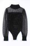 LC6421176-2-S, LC6421176-2-M, LC6421176-2-L, LC6421176-2-XL, Black Women's Sheer Dotty Long Sleeve Ribbed Mesh Velvet Bodysuit