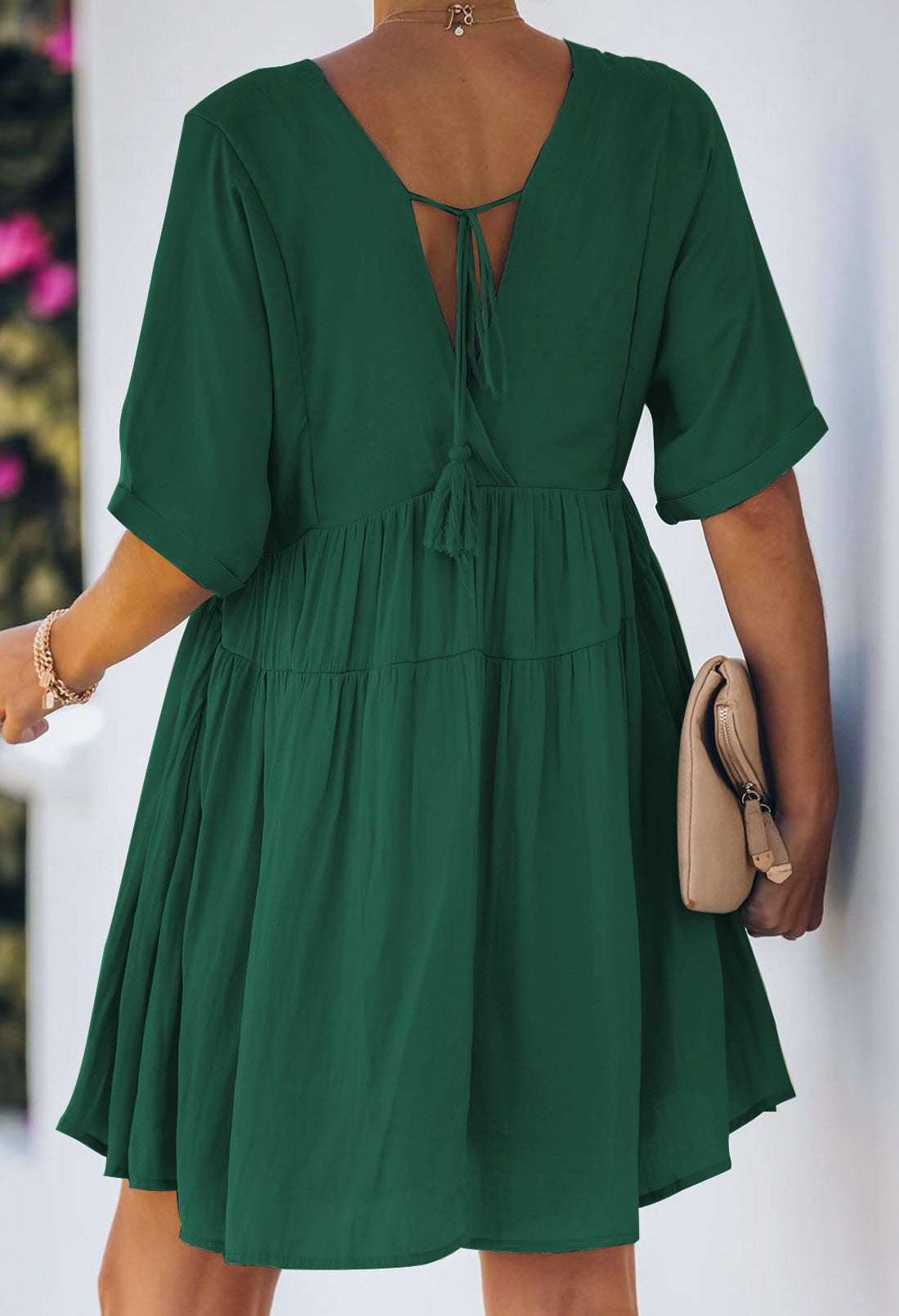 LC223667-109-S, LC223667-109-M, LC223667-109-L, LC223667-109-XL, Green Womens Kimono Sleeve V-neck Babydoll Tiered Mini Dress