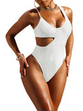 LC443465-1-S, LC443465-1-M, LC443465-1-L, LC443465-1-XL, White Women's One Shoulder Cutout One-Piece Swimsuit High Leg Monokini Bathing Suit