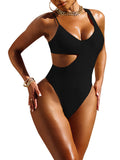 LC443465-2-S, LC443465-2-M, LC443465-2-L, LC443465-2-XL, Black Women's One Shoulder Cutout One-Piece Swimsuit High Leg Monokini Bathing Suit