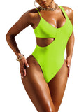 LC443465-9-S, LC443465-9-M, LC443465-9-L, LC443465-9-XL, Green Women's One Shoulder Cutout One-Piece Swimsuit High Leg Monokini Bathing Suit