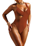 LC443465-17-S, LC443465-17-M, LC443465-17-L, LC443465-17-XL, Brown Women's One Shoulder Cutout One-Piece Swimsuit High Leg Monokini Bathing Suit