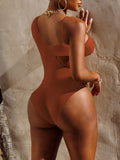 LC443465-17-S, LC443465-17-M, LC443465-17-L, LC443465-17-XL, Brown Women's One Shoulder Cutout One-Piece Swimsuit High Leg Monokini Bathing Suit