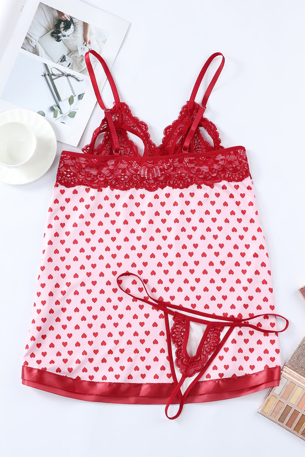 LC351064-3-S, LC351064-3-M, LC351064-3-L, Red Valentines Day Heart Shape Print Lace Crochet Babydoll Set