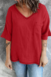 LC25112185-3-S, LC25112185-3-M, LC25112185-3-L, LC25112185-3-XL, LC25112185-3-2XL, Red Women's Casual Short Sleeve T Shirts V Neck Chest Pocket Knit Blouse Top