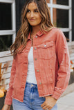 LC8511504-3-S, LC8511504-3-M, LC8511504-3-L, LC8511504-3-XL, LC8511504-3-2XL, Red Women's Jean Jacket Long Sleeve Lapel Distressed Raw Hem Buttons Denim Coat