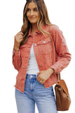 LC8511504-3-S, LC8511504-3-M, LC8511504-3-L, LC8511504-3-XL, LC8511504-3-2XL, Red Women's Jean Jacket Long Sleeve Lapel Distressed Raw Hem Buttons Denim Coat